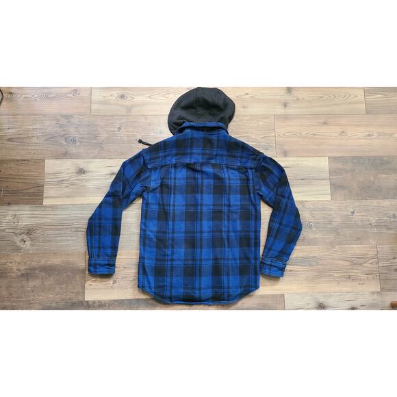 AE Mens Blue Plaid Button Down Shirt with Hood - Picture 2 of 8